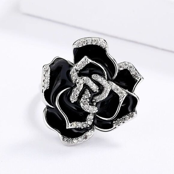 Sterling Silver Black Flower Enamel Drip Rhinestone Ring Womens New